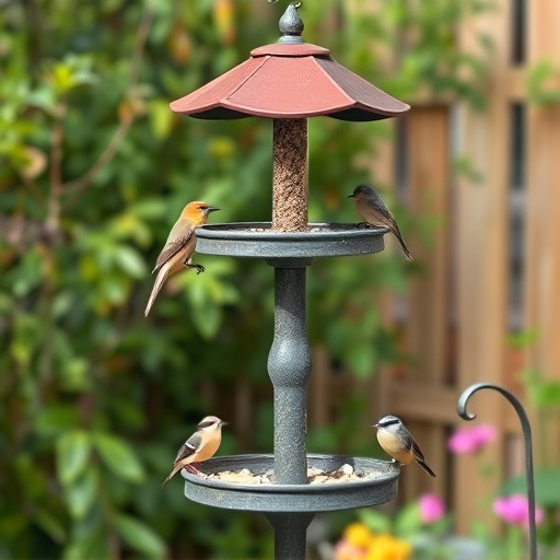 Multi-level bird feeding station in garden