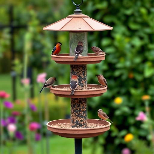 Multi-level bird feeding station in garden