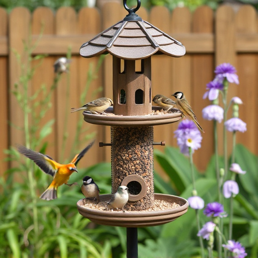 Multi-level bird feeding station in garden