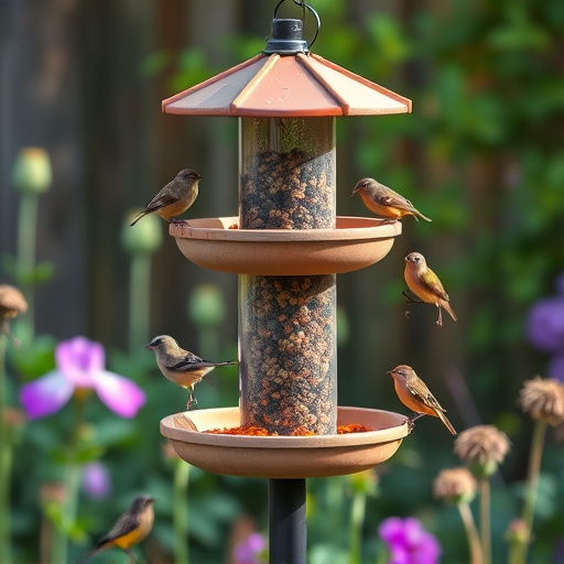 Multi-level bird feeding station in garden
