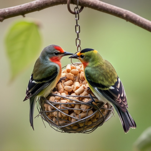 Nesting birds feeding on suet pellets