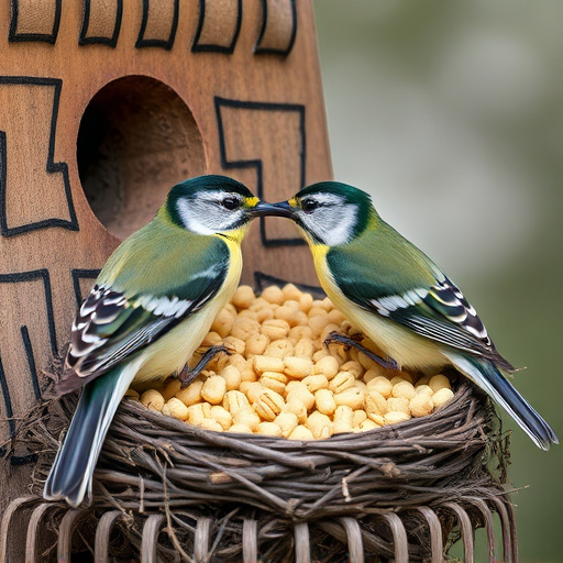 Nesting birds feeding on suet pellets
