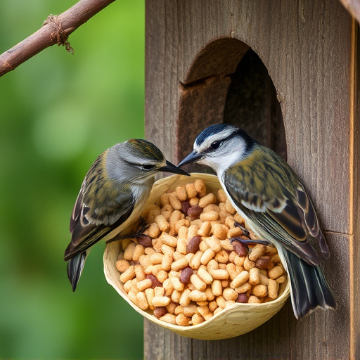 Nesting birds feeding on suet pellets