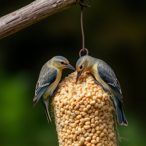 Nesting birds feeding on suet pellets