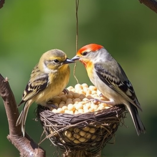 Nesting birds feeding on suet pellets