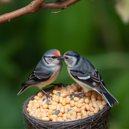 Nesting birds feeding on suet pellets