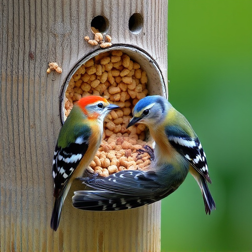 Nesting birds feeding on suet pellets