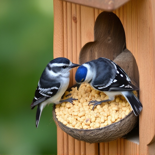 Nesting birds feeding on suet pellets