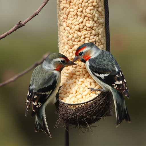 Nesting birds feeding on suet pellets