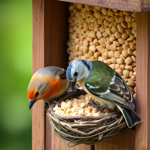 Nesting birds feeding on suet pellets