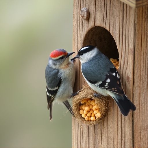 Nesting birds feeding on suet pellets
