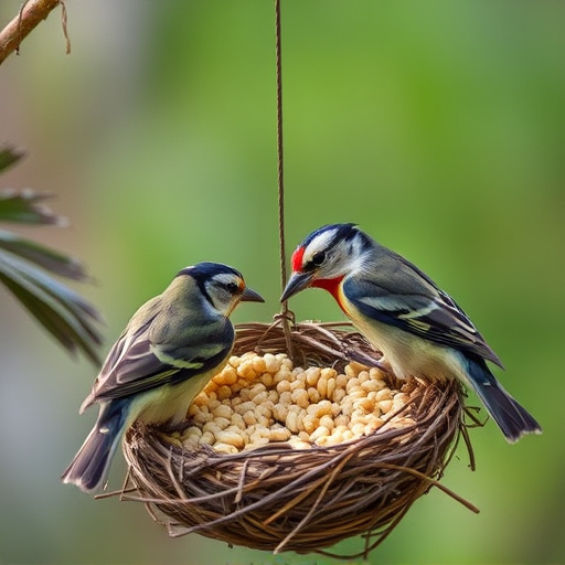 Nesting birds feeding on suet pellets