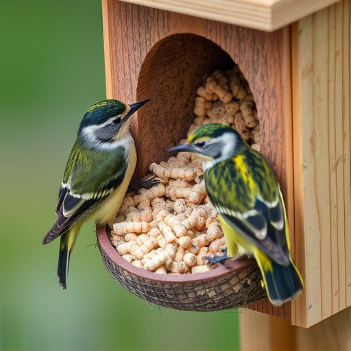 Nesting birds feeding on suet pellets