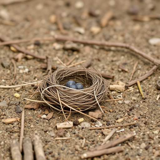 Nesting material scattered on ground