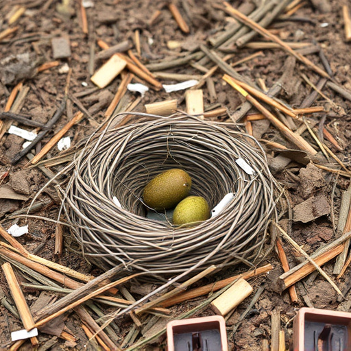 Nesting material scattered on ground