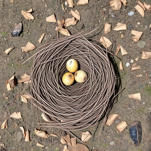 Nesting material scattered on ground