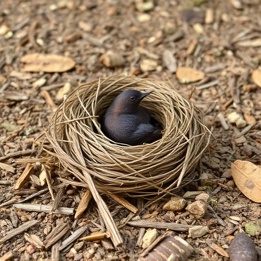 Nesting material scattered on ground