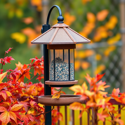 Outdoor feeder surrounded by autumn foliage