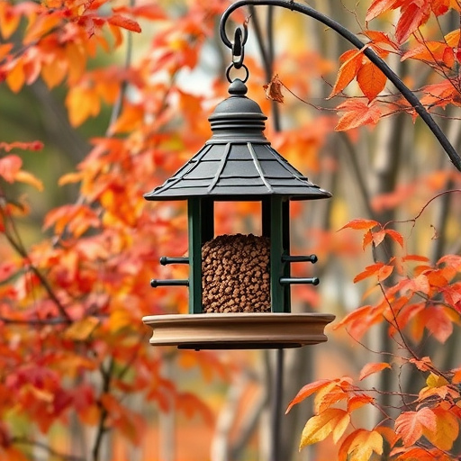 Outdoor feeder surrounded by autumn foliage