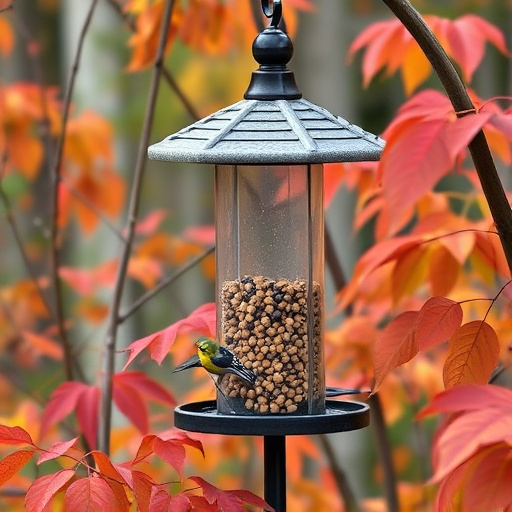 Outdoor feeder surrounded by autumn foliage