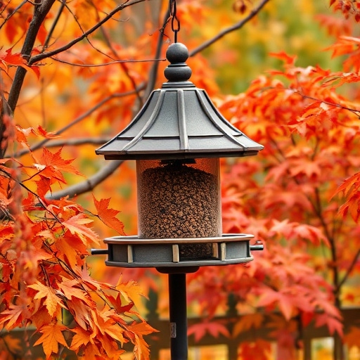 Outdoor feeder surrounded by autumn foliage