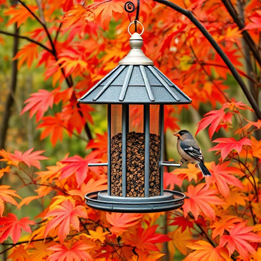 Outdoor feeder surrounded by autumn foliage