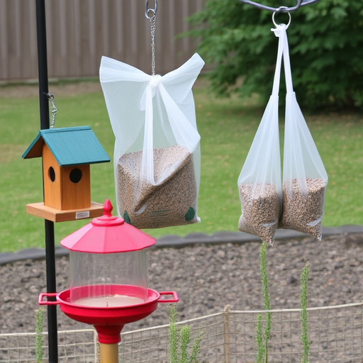 Outdoor scene with feeders and seed bags