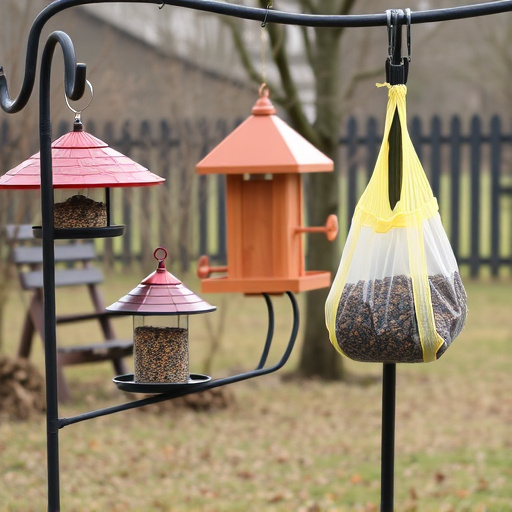 Outdoor scene with feeders and seed bags