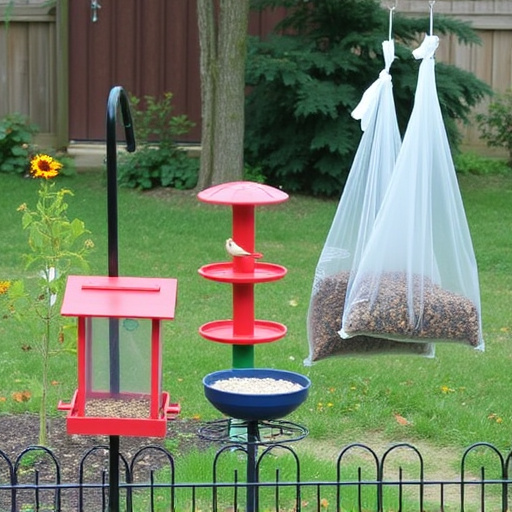 Outdoor scene with feeders and seed bags