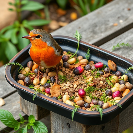 Outdoor tray with robin-attracting seeds