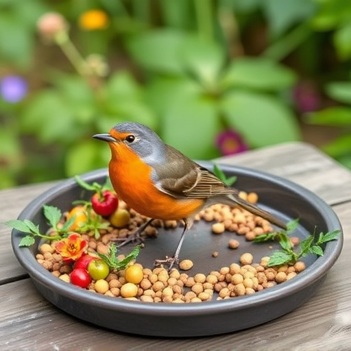 Outdoor tray with robin-attracting seeds