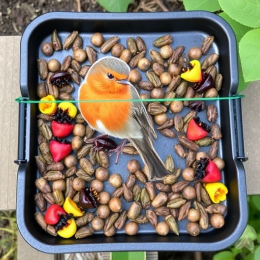 Outdoor tray with robin-attracting seeds