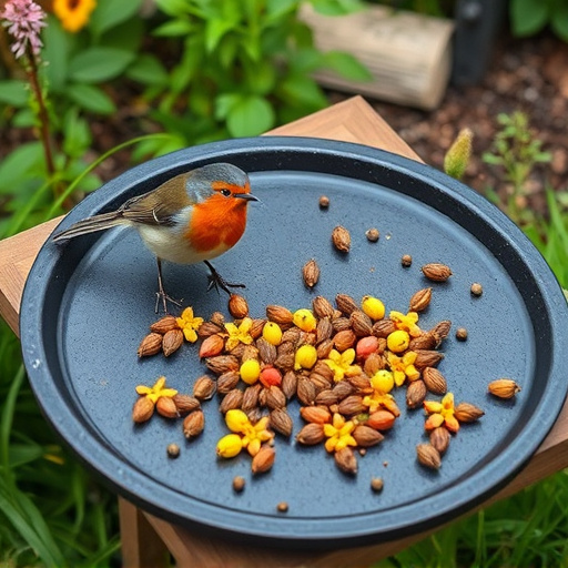 Outdoor tray with robin-attracting seeds