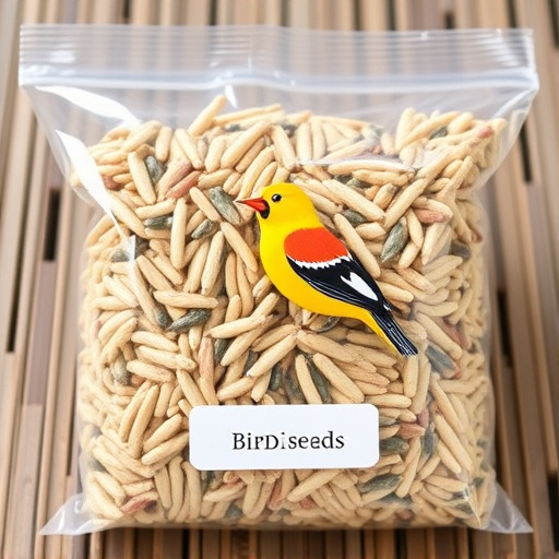 Packaged bird seed mix with label visible