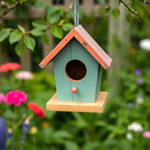 Painted birdhouse hanging in garden