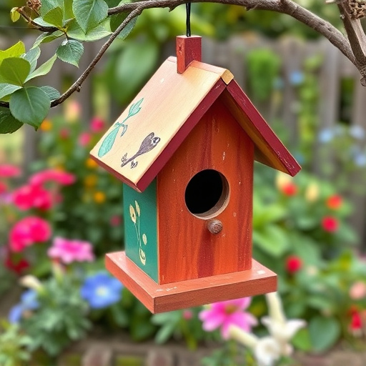 Painted birdhouse hanging in garden