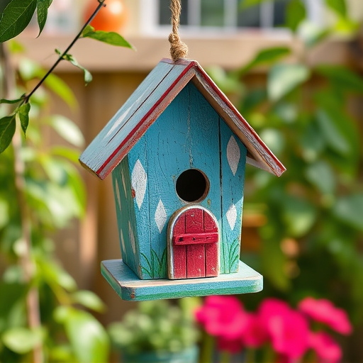 Painted birdhouse hanging in garden