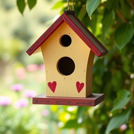 Painted birdhouse hanging in garden