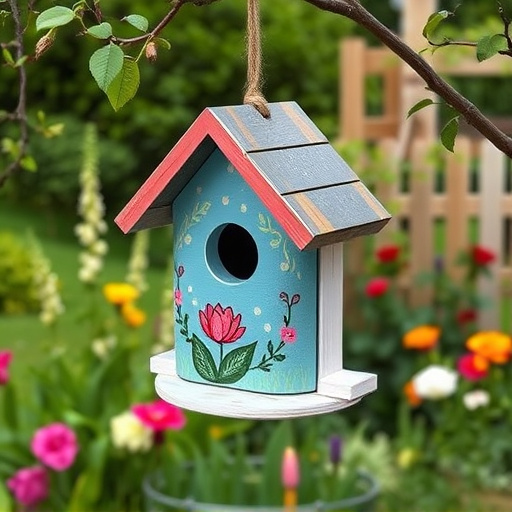 Painted birdhouse hanging in garden