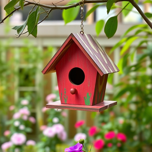 Painted birdhouse hanging in garden