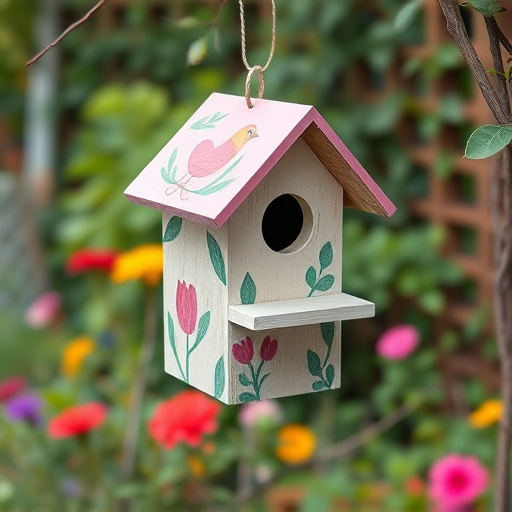 Painted birdhouse hanging in garden