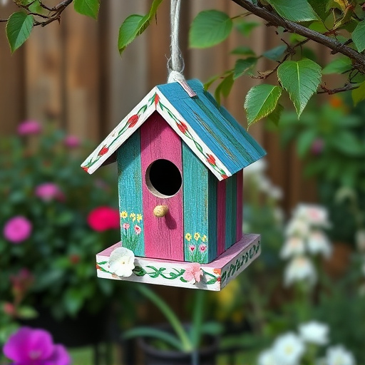 Painted birdhouse hanging in garden