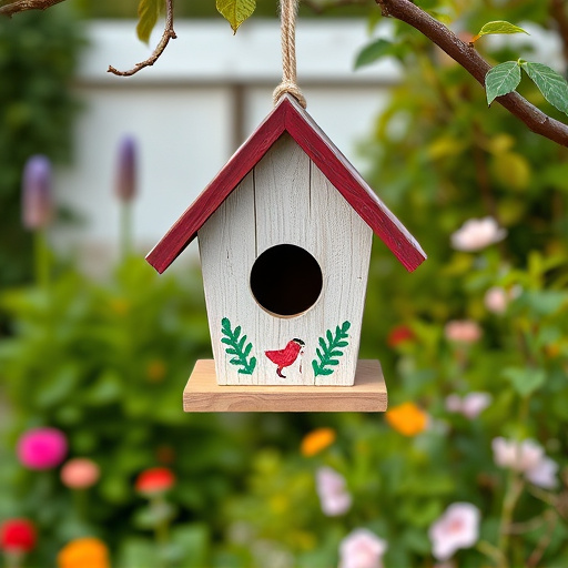 Painted birdhouse hanging in garden