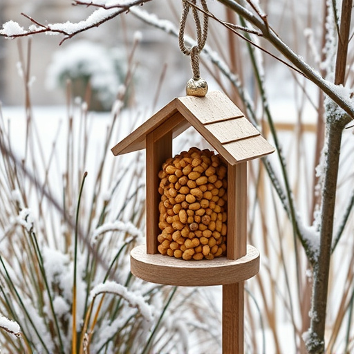 Peanut feeder surrounded by winter garden scenery