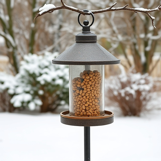 Peanut feeder surrounded by winter garden scenery