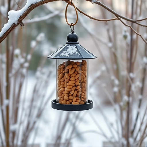 Peanut feeder surrounded by winter garden scenery