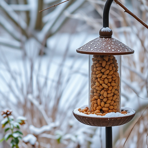 Peanut feeder surrounded by winter garden scenery
