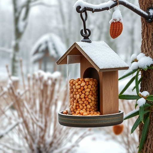 Peanut feeder surrounded by winter garden scenery