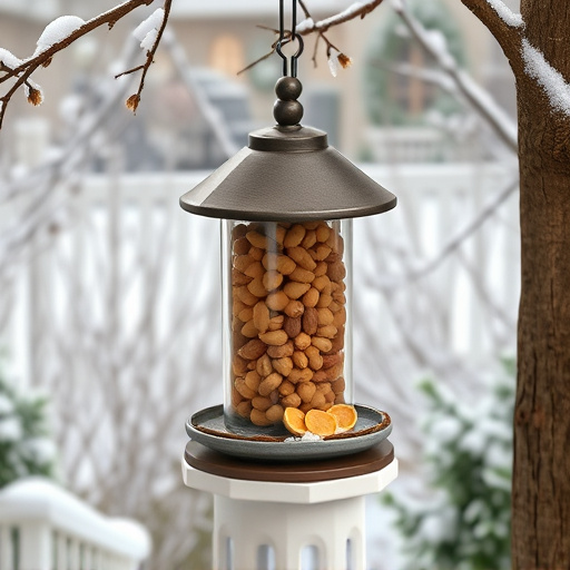 Peanut feeder surrounded by winter garden scenery