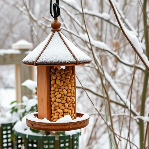Peanut feeder surrounded by winter garden scenery